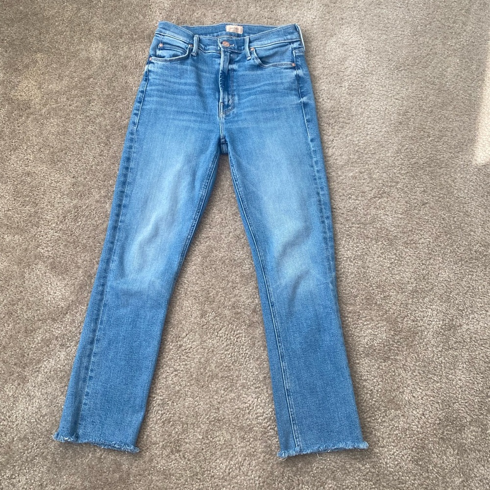 Mother premium jeans “midrise denim ankle fray” in “riding the cliff side” Sz 26